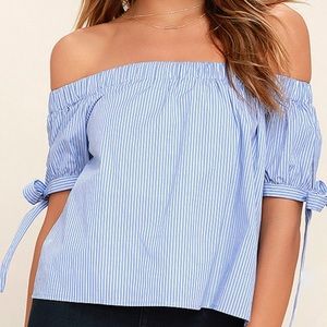 Blue Pinstripe Off the Shoulder Top